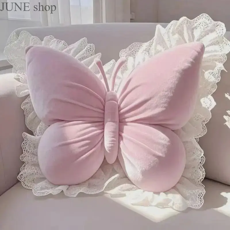 Elegant Butterfly Throw Pillow With Lace Ruffle Border, Soft Shiny Fluffy‑Filled Lumbar Cushion, Multi Pastel Solid Color Coquette Aesthetic Decor Pillow for Sofa, Bedroom, Living Room And Girls Room
