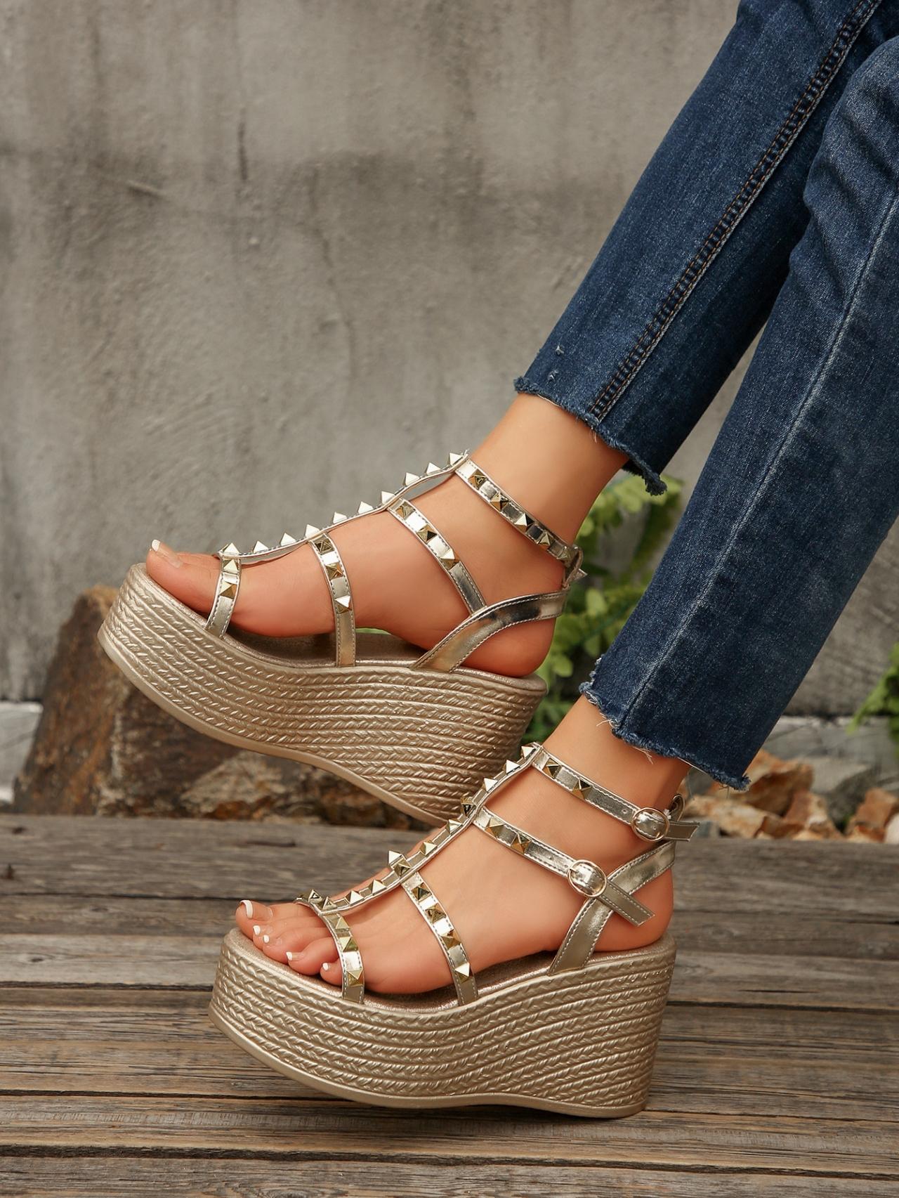 Women's Gold Studded Wedge Sandals, Summer Y2K Style Platform Elevated Roman Shoes, Ankle Strap Buckle Chunky Heels