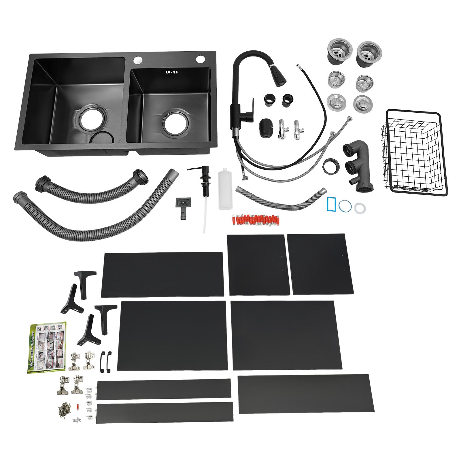 Laundry Utility Sink with Cabinet & Pull-Down Faucet Freestanding Stainless Steel Utility Sinks with 2 Doors Deluxe Bouble Kitchen Sink Wash Station Tub for Laundry & Kitchen, Bathroom(Black)