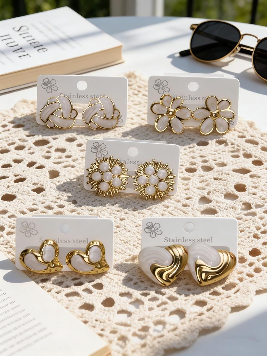 White Enamel Gold Stud Earrings for Women, Dripping Oil Heart Flower Geometric Earring, Hypoallergenic Stainless Steel Jewelry, Trendy 2026 Summer Accessory for Party & Daily Wear