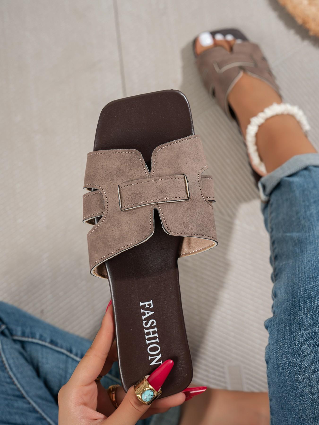 Women's Retro Textured French Flat Sandals, Hollow Out Strap Design, Square Toe, Anti-Slip Sole, Comfortable, Multi-Scene Wear