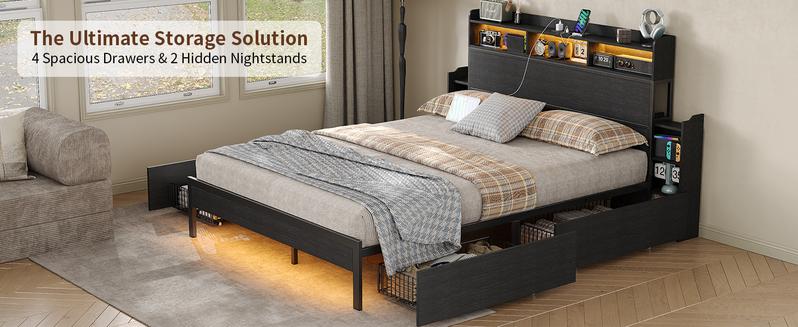 FUSOU LED Twin & Full Size Bed Frame with Charging Station, Metal Platform Bed Frame with Headboard, No Box Spring Needed, Heavy Duty