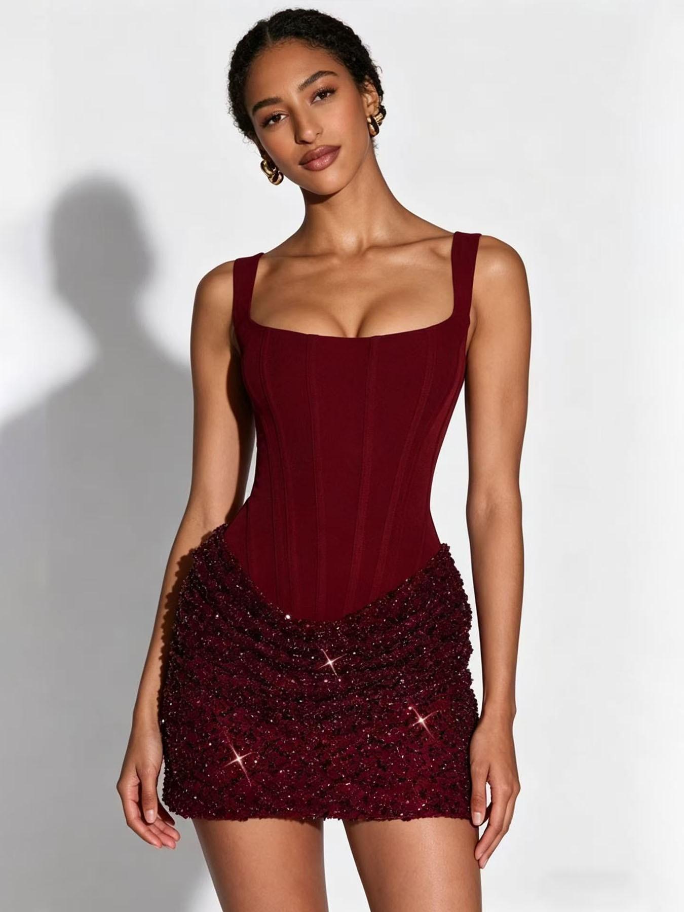 Women's Fashion Sexy Solid Color Halter Back Tie Short Dress, Sparkly Halter Bodycon Dress, Comfortable Soft Fabric, Party Wedding Bridesmaid Dress