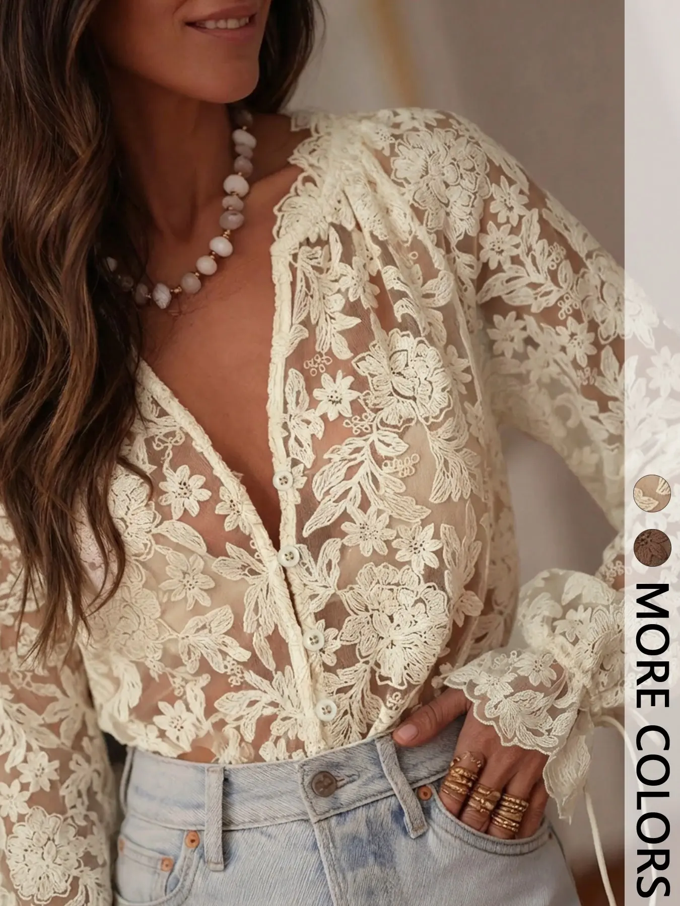 Women's Floral Embroidered Sheer Lace Top, Deep V Neck Front Button Long Flare Drawstring Sleeve Shirt, Boho Cottagecore Shirt, Boho Vintage Blouse for Dates, Boho Chic Streetwear, Vacation