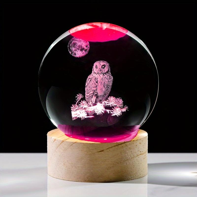1pc Modern Glass Owl 2.3 In Glass Ball with Wood Base - USB-Powered Decorative Ambiance Lighting, Freestanding Tabletop Statue, Adjustable Toggle Control, Polished Finish, for Bedroom, Ideal Mother's Day Gift