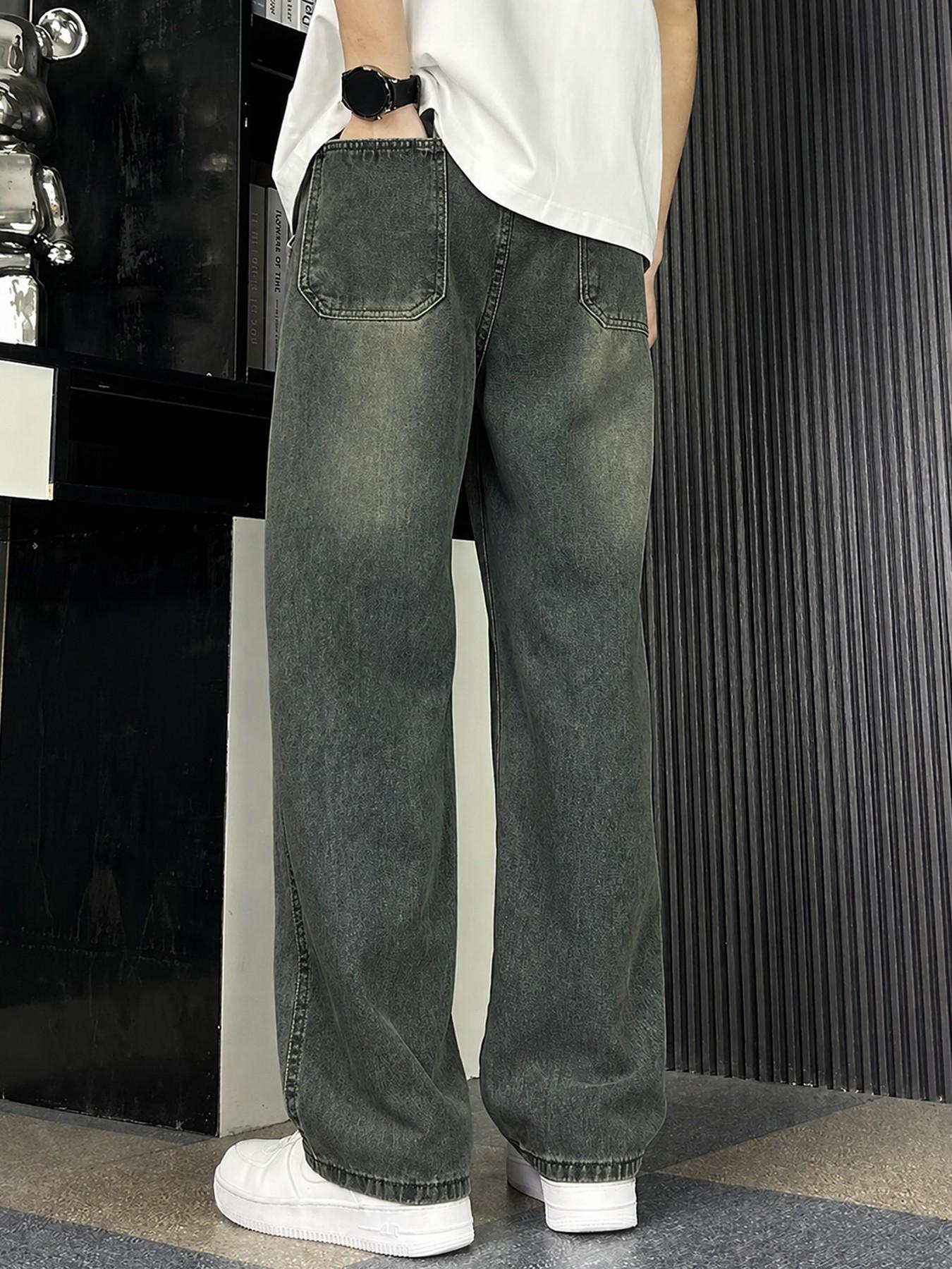 Men’s Charcoal Gray Washed Jacquard Jeans with Drawstring Waist, Baggy Wide Leg Casual Streetwear Denim Pants