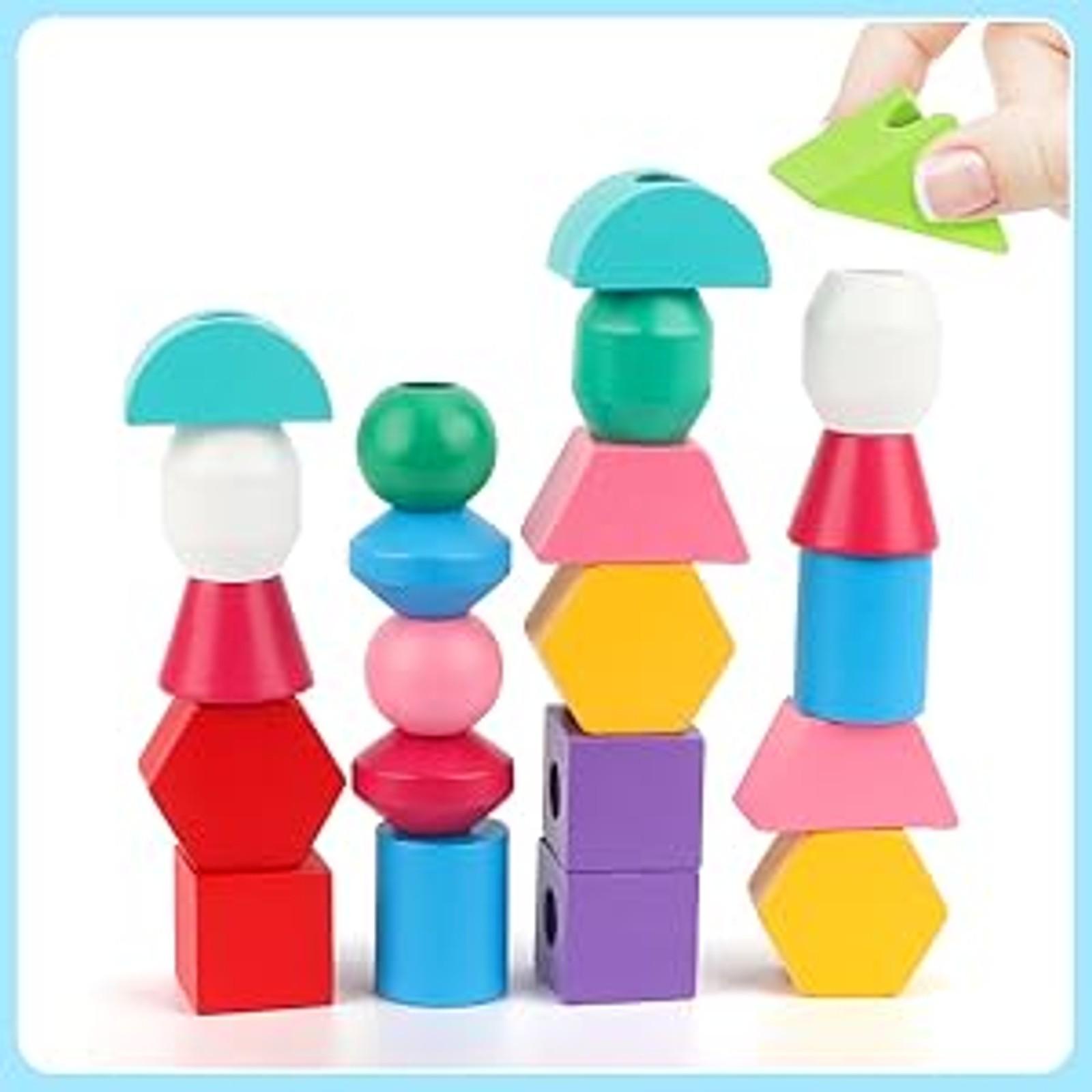 Montessori Wooden Beads Sequencing Toy Set, Stacking Blocks, Lacing Beads, Matching Shape Stacker for 2-5 Year Old STEM Preschool Learning Toys Gifts for Kids Boy Girl Toddlerfidget toys