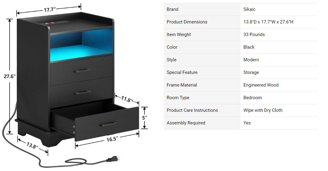 Sikaic LED Nightstand With Charging Station 3 Drawers And Open Storage Black Unique Bedroom Furniture Apothecary Cabinet