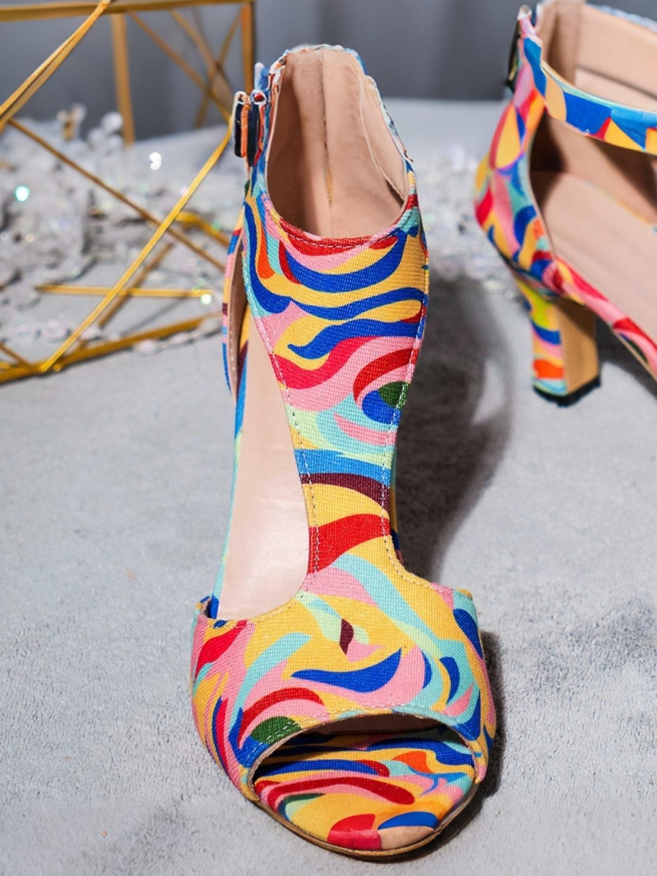 Women Colorful Abstract Swirl Print Peep Toe Ankle Wrap T-Strap Block Heel Sandals, Strappy Heels, Boho Style, Hollow Out, Party Club Night Out Dress Heels