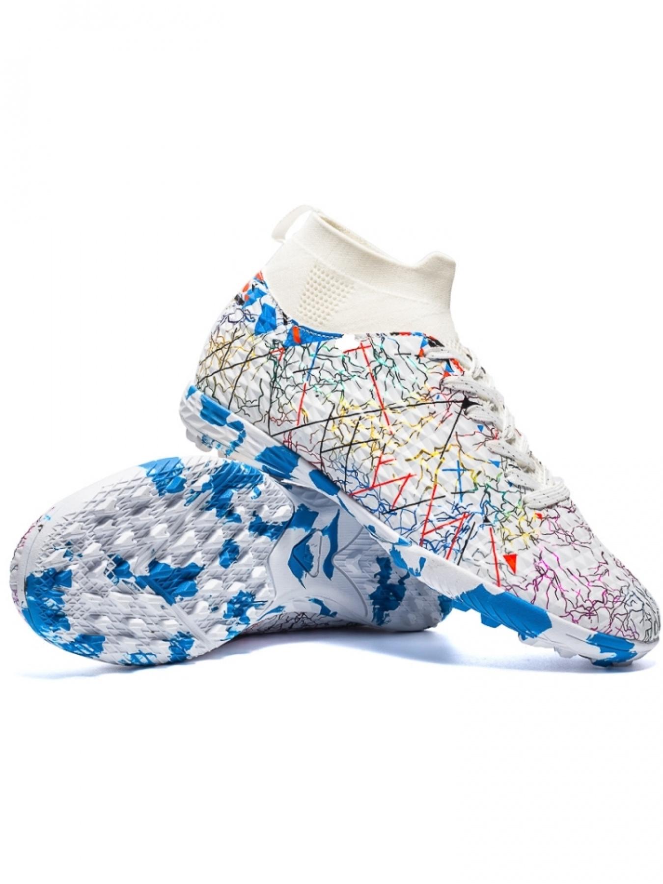 Parent-Child High-Top Football Shoes | White Multicolor Graffiti Design | Breathable Flyknit Upper | Superior Traction | Soft Comfort | Ideal For Family Training & Games | Viral