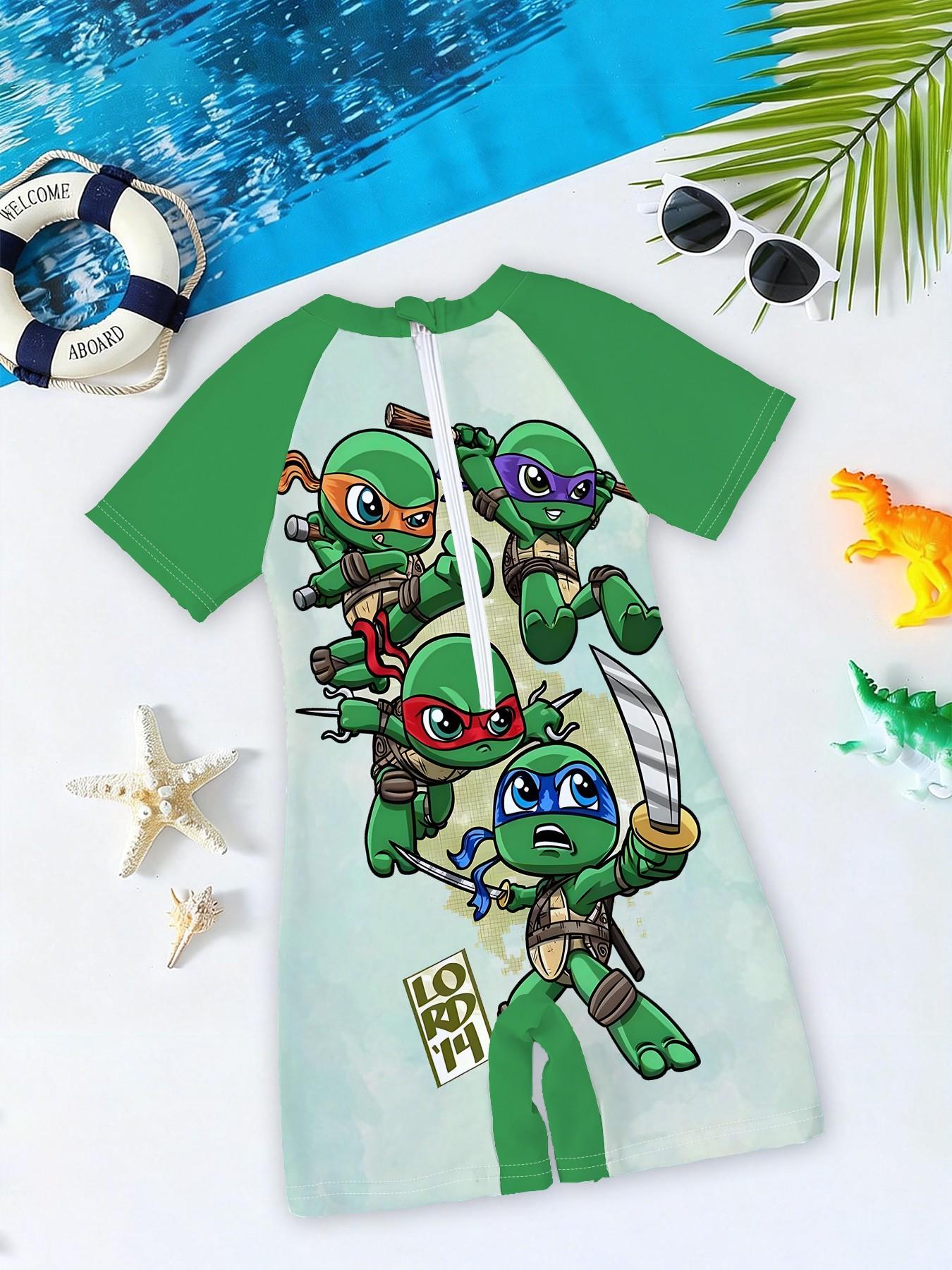Boys' one-piece swimsuit "Chibi Ninja Turtles Team Edition" features all-over print of the four Chibi Ninja Turtles plus raglan green sleeves, cute and cool with sun protection, eye-catching for summer water play / beach vacations