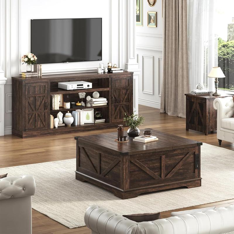 66"/75" Farmhouse TV Stand with Power Outlets for 85 Inch TVs, 33" Tall Entertainment Center with Storage Cabinets w/Adjustable Shelves, Rustic Large TV Media Console, Brown/white/black