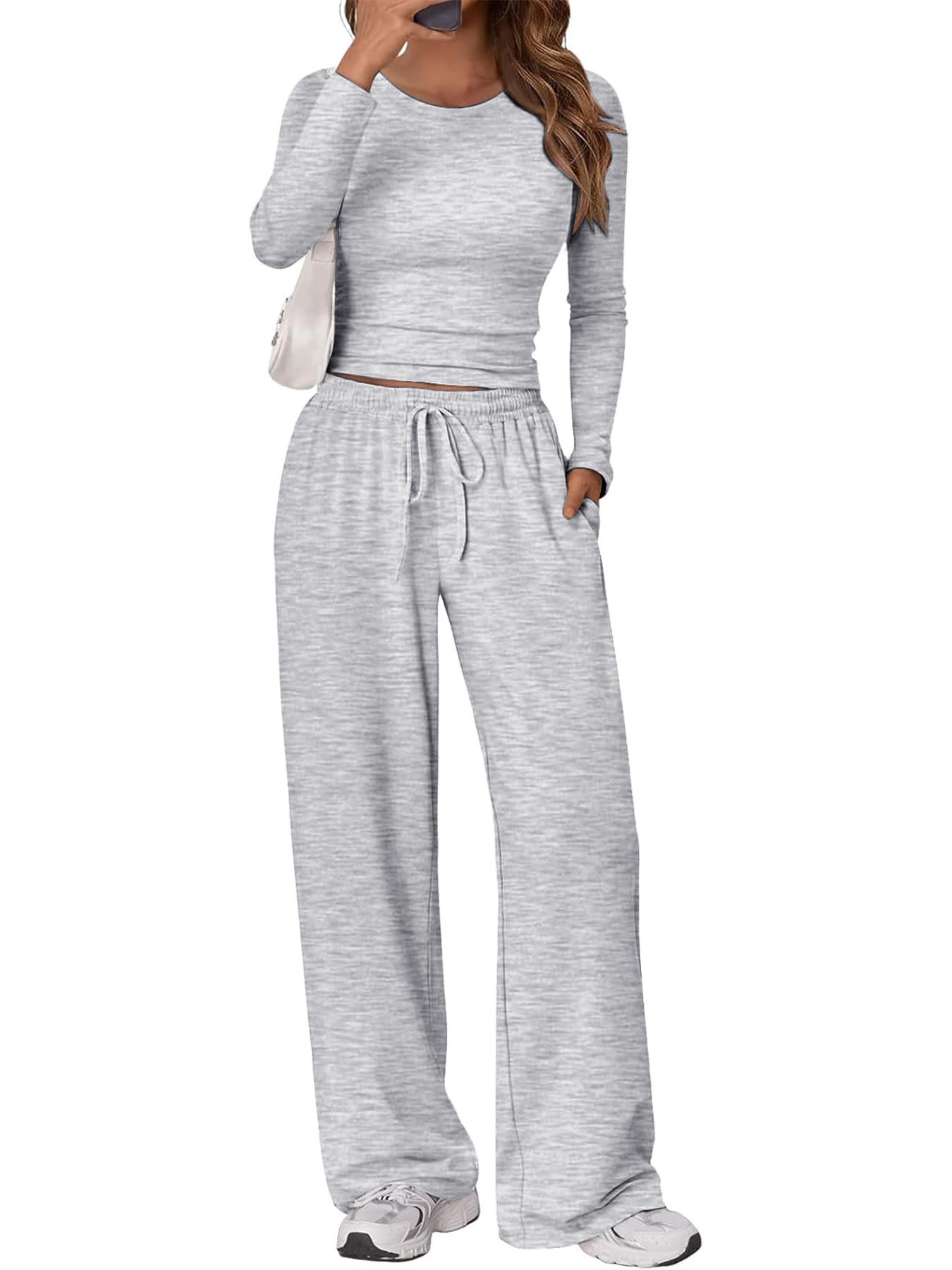 2026 Women's Two-Piece Loungewear Set, Soft Long-Sleeved Round-Neck Crop Top, Drawstring High-Waisted Wide-Leg Pants with Pockets
