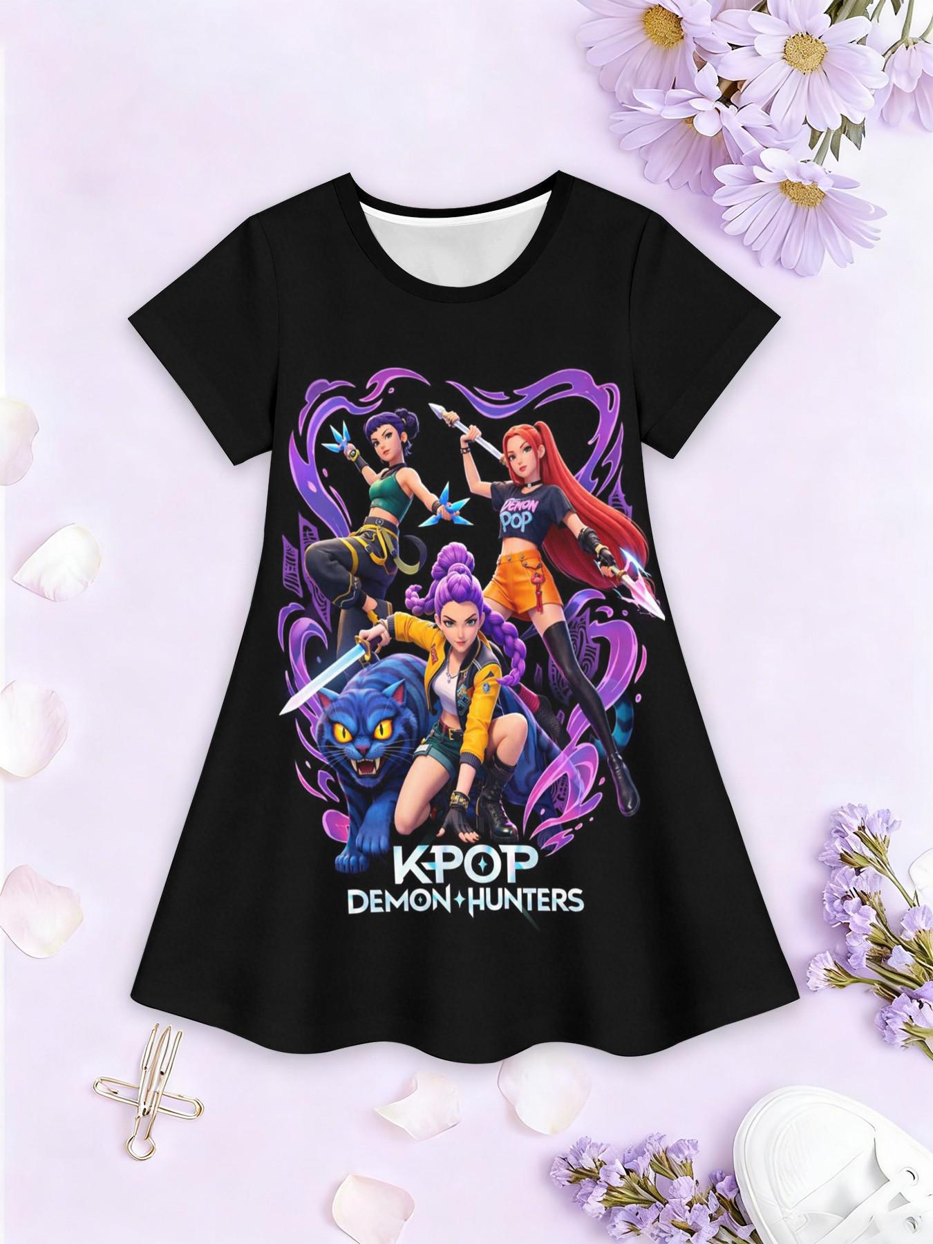 Girls' 3D Dress, Base K-Pop Demon Hunters Anime Full Print, Perfect for Parties, Festive Gifts, Birthday Presents