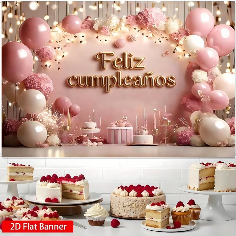 Shiny Princess Theme Flower and Cake Birthday Banner, Party Flag, Polyester Material, Home Decor, Indoor Outdoor Parties, Photo Background