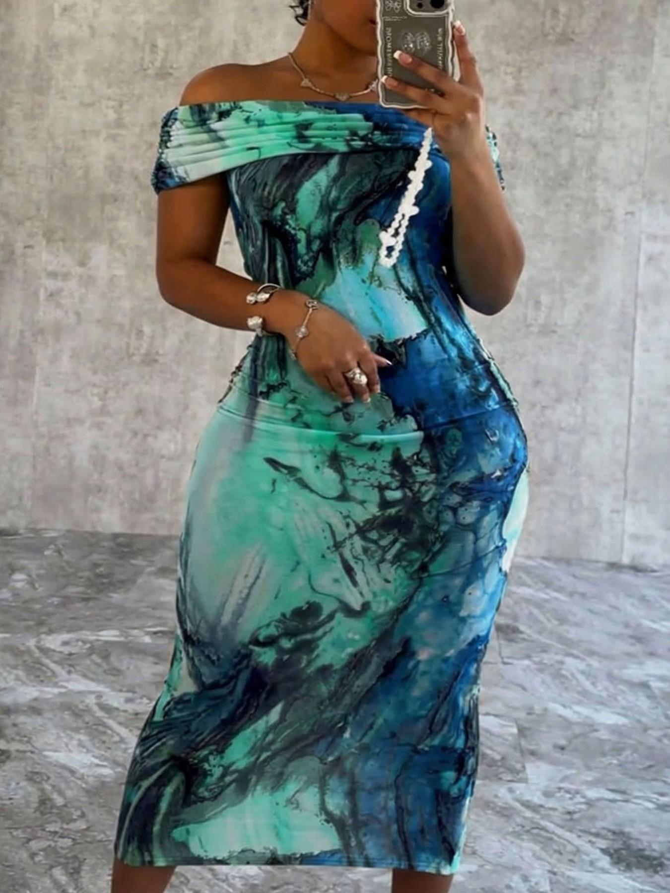 Plus Size Off Shoulder Bodycon Maxi Dress for Women – Elegant Chic Casual Printed Party Dress for Summer & Evening Outfits Elegance