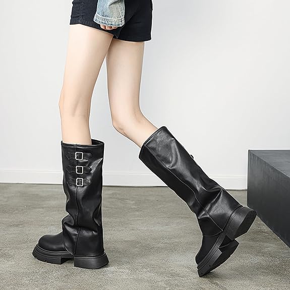 EROCALL Women's Goth Platform Riding Boots Pull On Buckle Boots Fold Over Tall Knee High Boots  Slouchy Fold Over Motorcycle Riding Boots With Buckle Women's Wide Mid Calf Casual Comfortable Moto Biker Boots