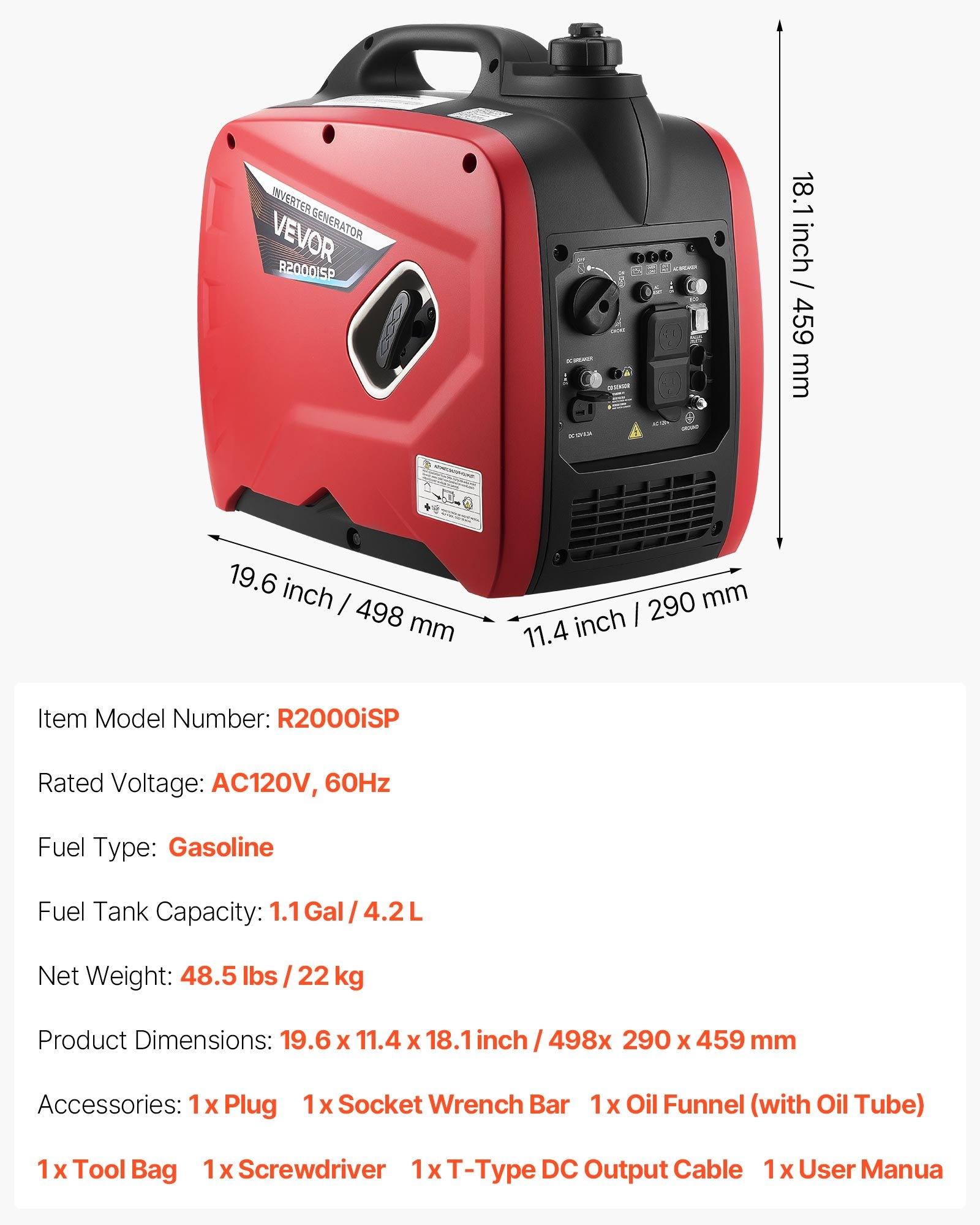 VEVOR 2900W Peak Watt Quiet Gas-Powered Inverter Generator (48.5 lbs), Compact Lightweight Construction for Camping/Emergency/Construction Use, AC Power Supply, CO Sensor, Long Run Time