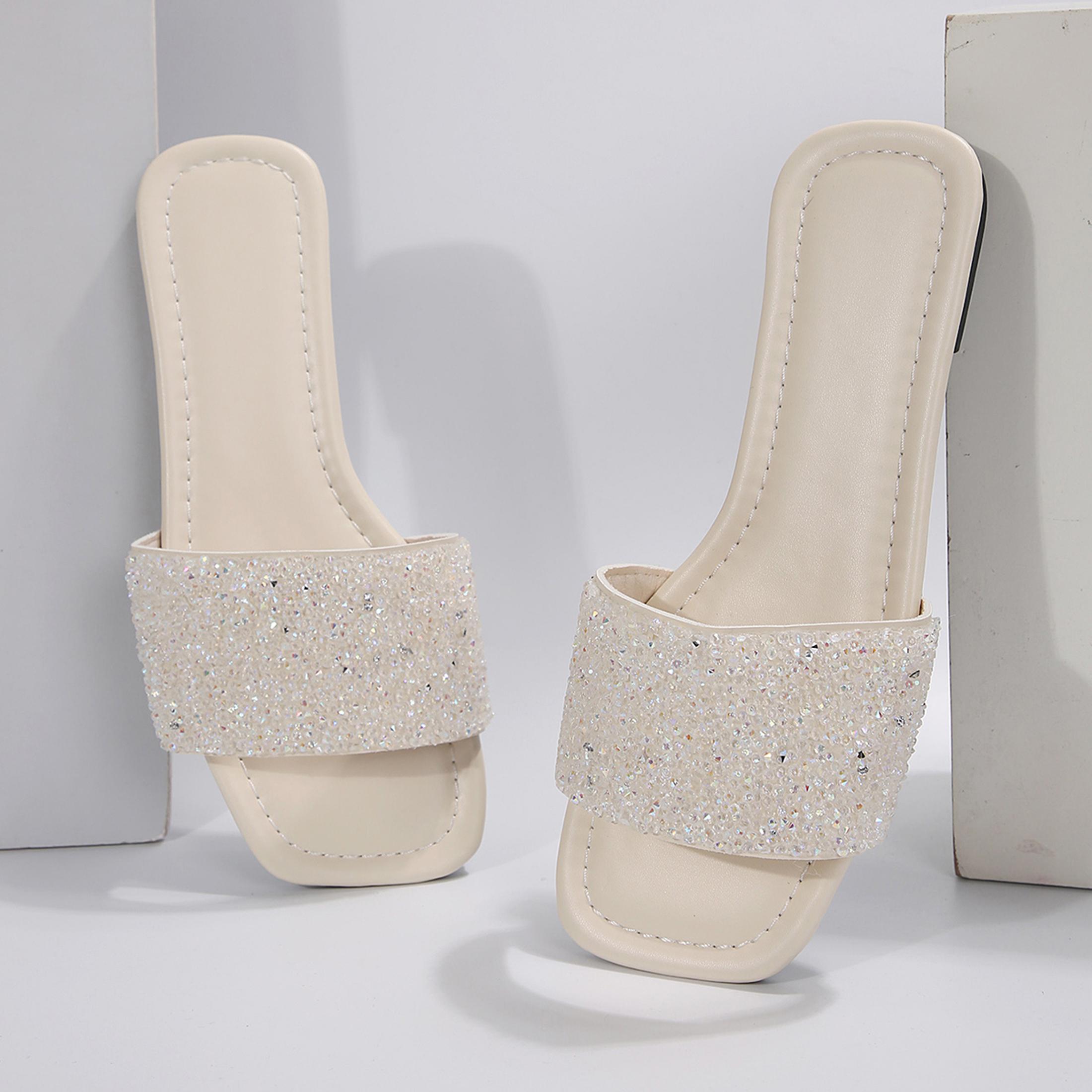 Women's Fashion Rhinestone Slide Sandals Open Summer Dressy Slippers Square Toe Slip On Flat Sandals