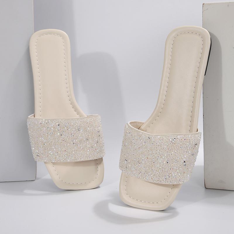 Women's Fashion Rhinestone Slide Sandals Open Summer Dressy Slippers Square Toe Slip On Flat Sandals