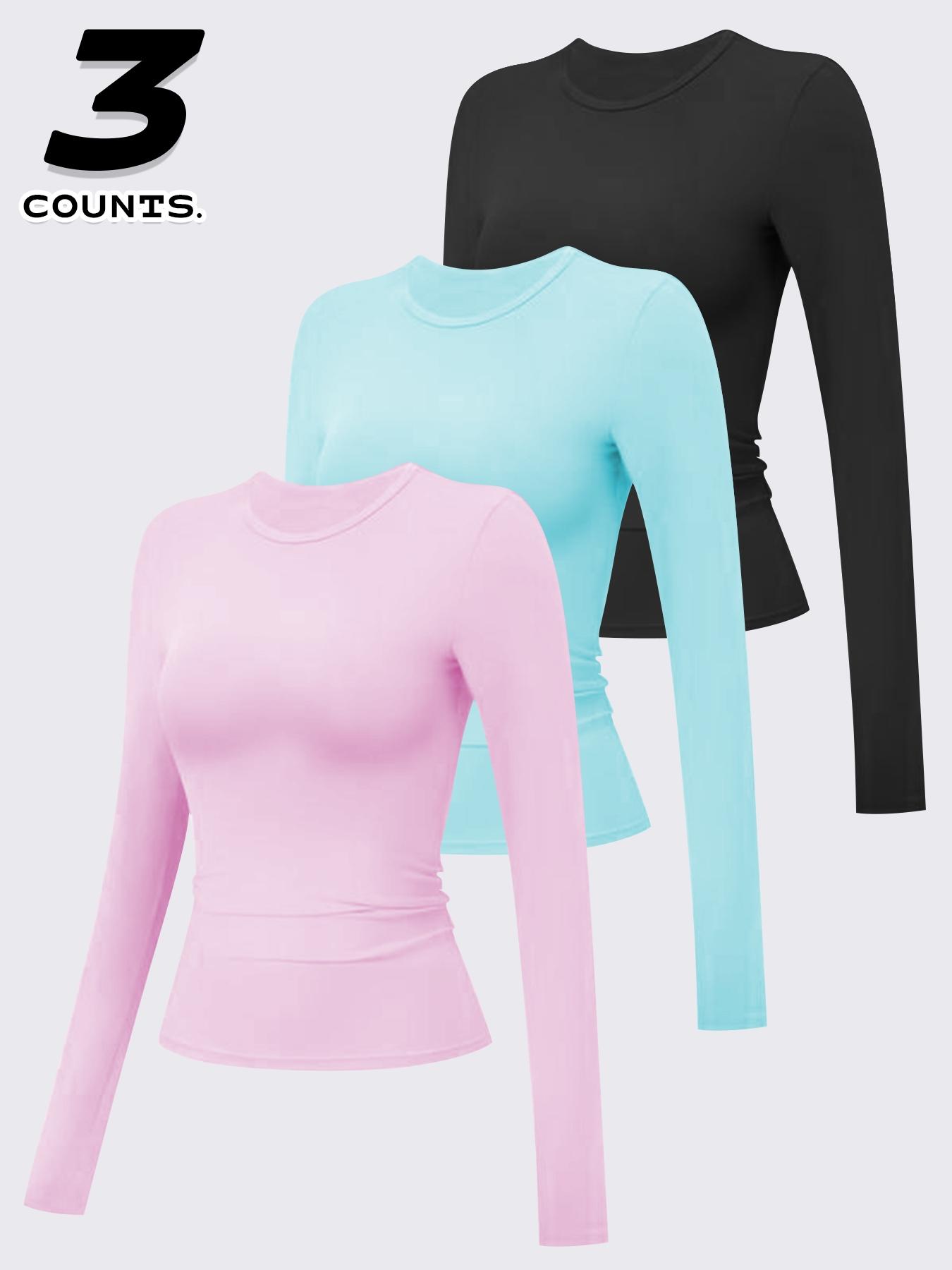 3 pcs Women's Compression Training Long Sleeve Shirts, Fitted Round Neck Yoga Tops, Moisture-Wicking Sportswear for All Seasons, Compression Activewear