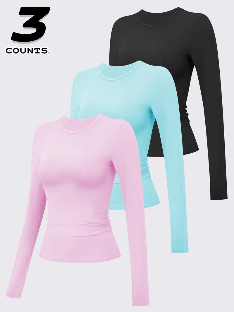 3 pcs Women's Compression Training Long Sleeve Shirts, Fitted Round Neck Yoga Tops, Moisture-Wicking Sportswear for All Seasons, Compression Activewear