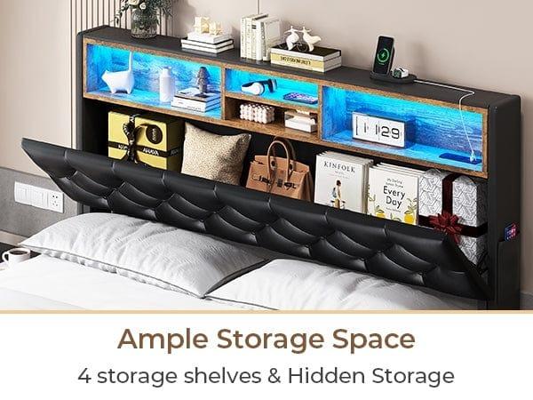 Sikaic Upholstered Platform Bed Frame with LED Lights & Charging Station Hidden Storage Headboard and 4 Drawers PU Black Modern Unique Furniture