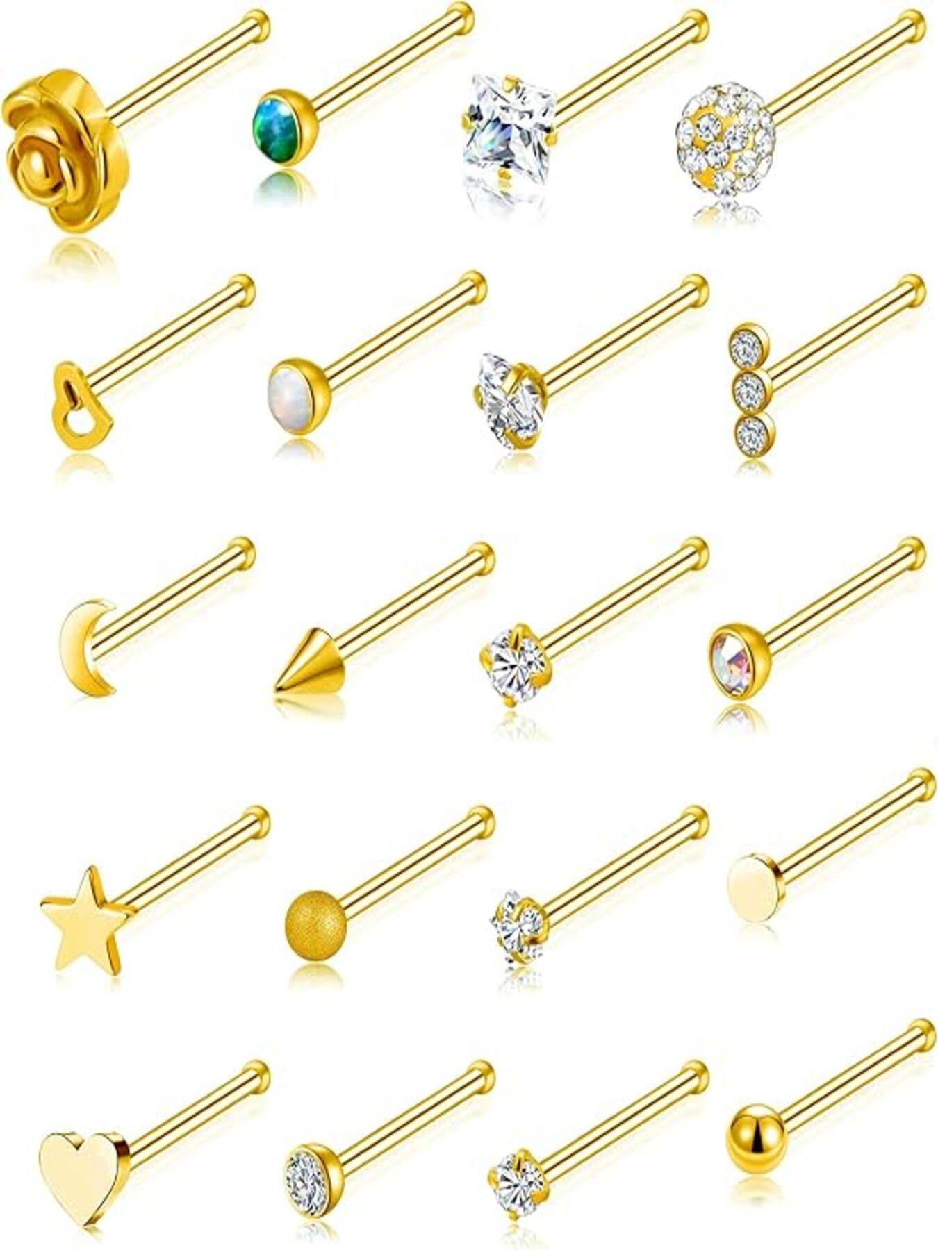 20 Pcs Nose Rings Trendy & Dazzling Style (Multiple Styles with Shiny Crystal Accents & Straight Bar-Shaped Design) for Women & Girls (Daily Wear, Parties & Piercing Styling)
