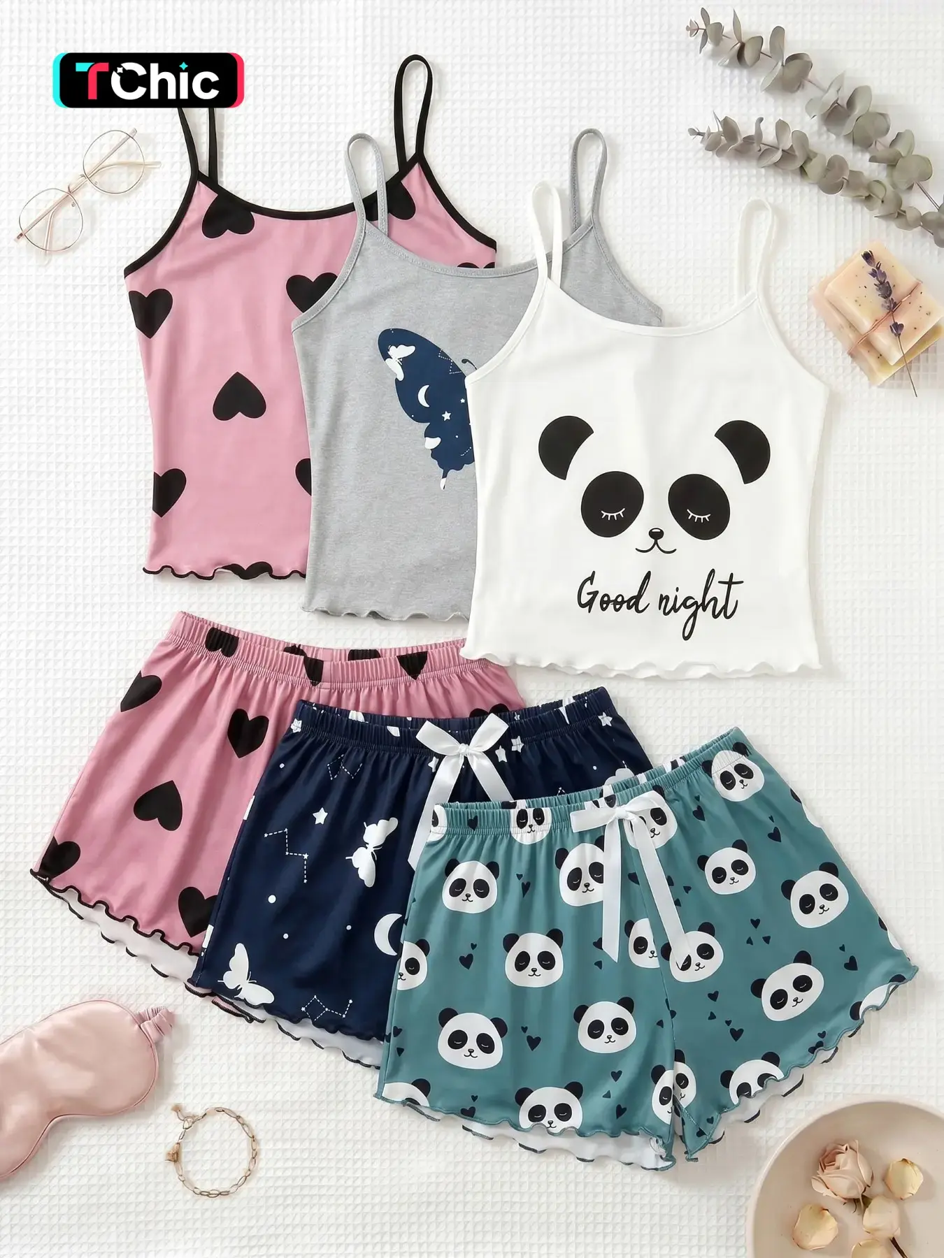 3-Piece Pajama Set, Heart Butterfly Panda Print, Sleeveless, Spaghetti Strap, Sweet Cool Aesthetic Style, Breathable Home Sleepwear, Trim, Above Knee Hem