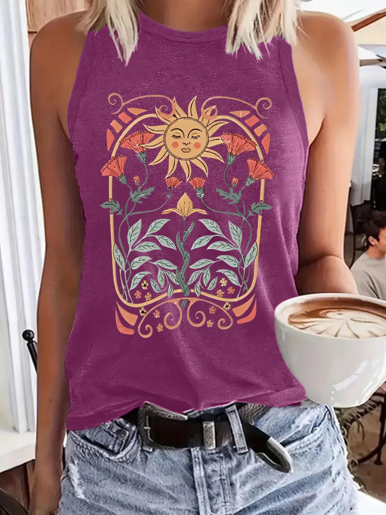 Women's Floral & Sun Print Round Neck Tank Top, Boho Sleeveless Crew Neck Top for Summer, Ladies Clothes for Daily Wear