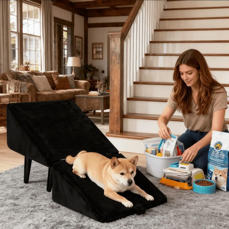 A spine-protecting, anti-injury dog staircase with a stable structure, soft and anti-slip, folding and storage, suitable for corgi, Xi Shi, elderly teddy, home living room, bedside, camping and pet steps