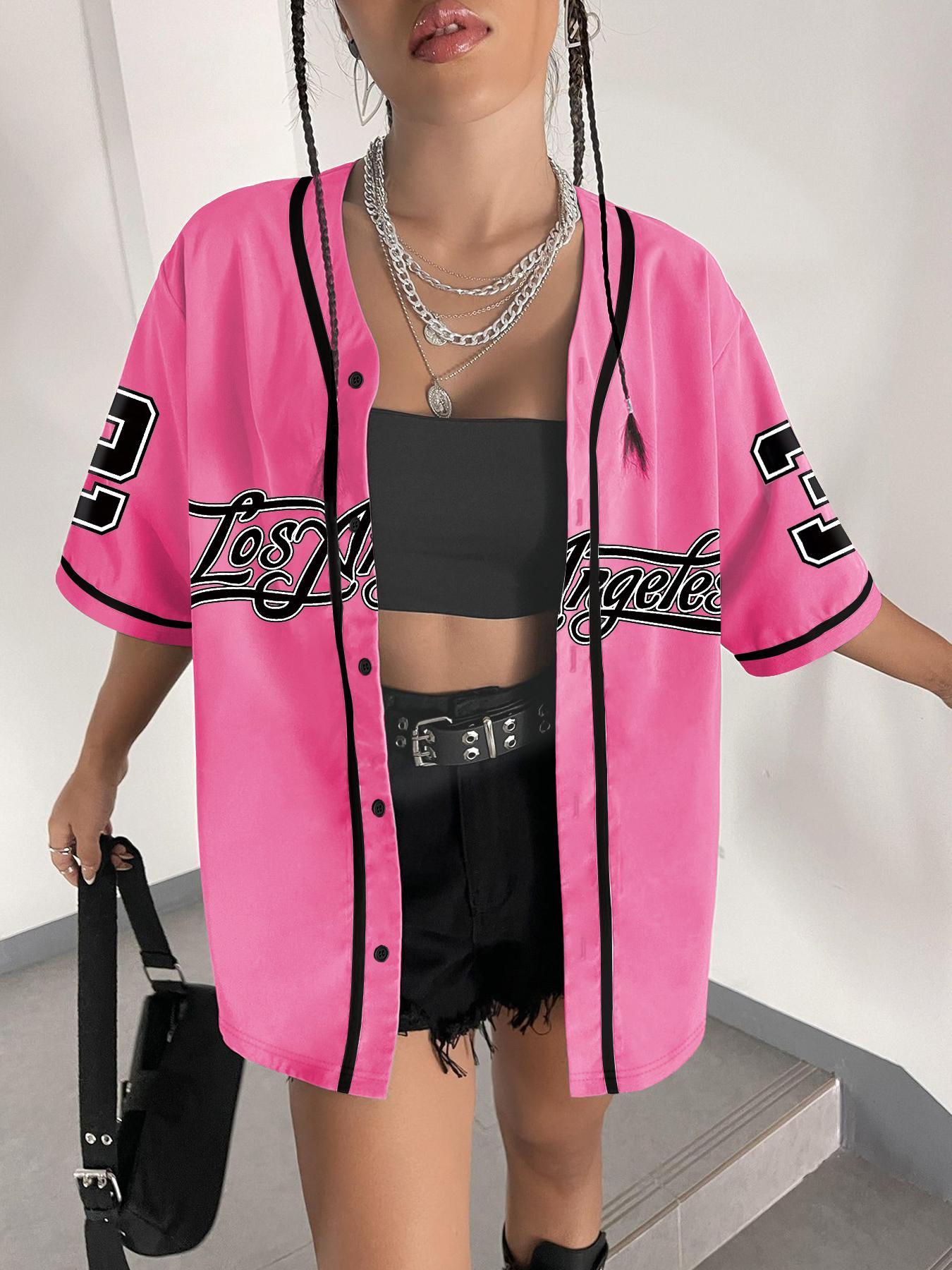 Women's Number Print Baseball Jersey, Casual Fashion Loose Letter Print Short Sleeve Button Design Blouse for Daily Wear, Ladies Clothes for All Seasons
