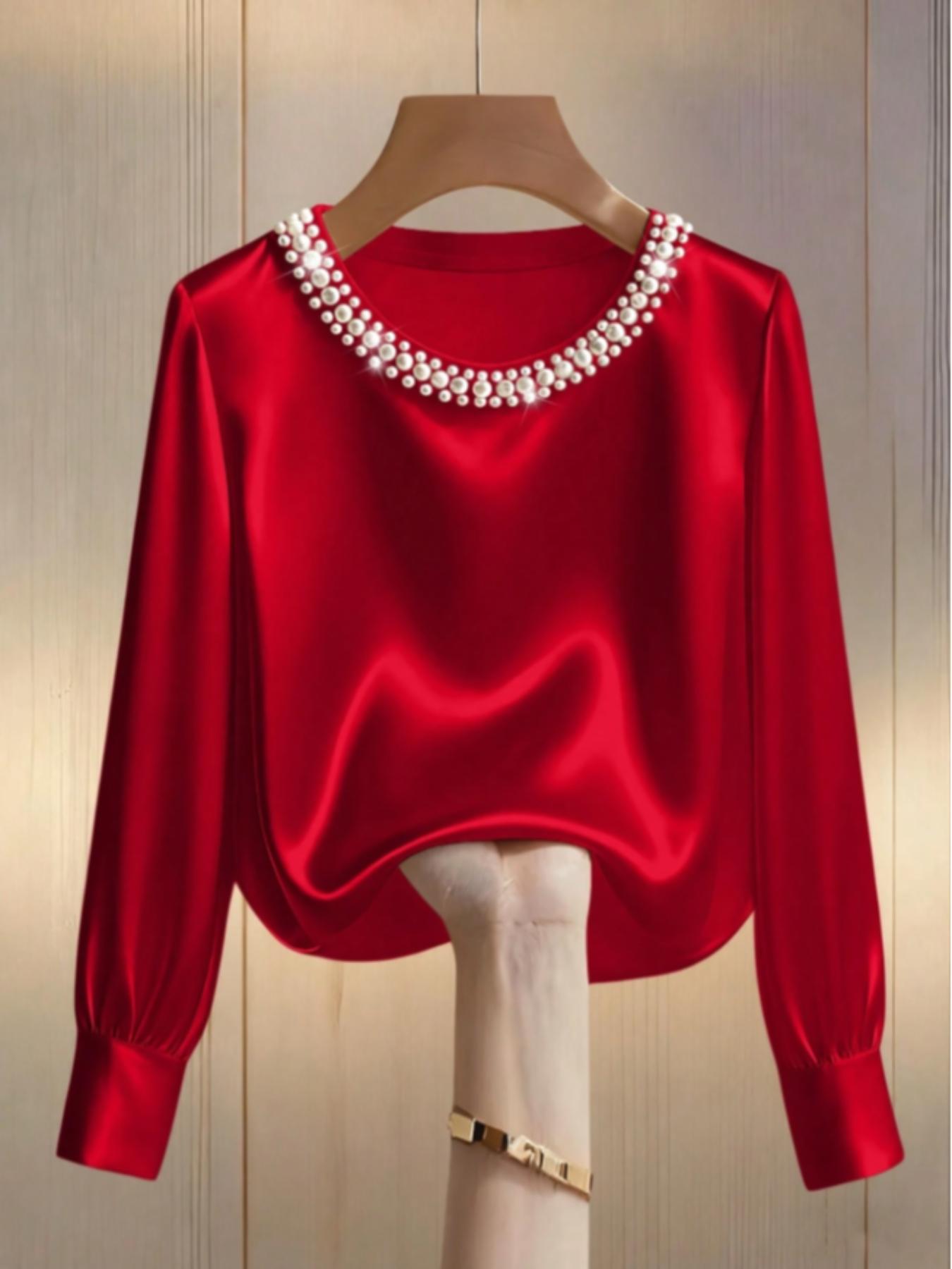 Women's Fashion Elegant Pearl Round Neck Plain Long Sleeve Simple T-Shirt Top, Casual Stylish Women's Clothing