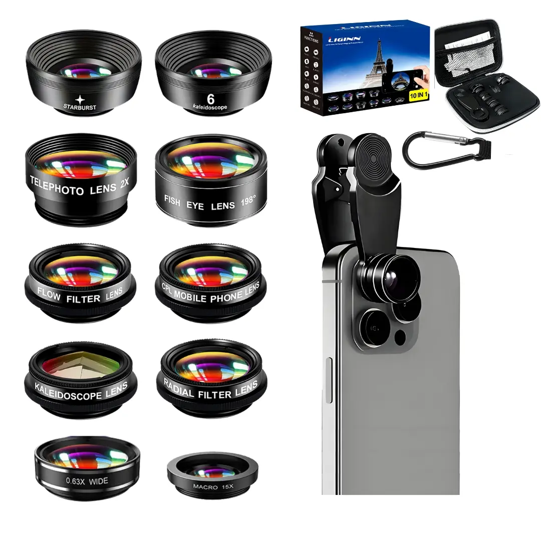 Phone Camera Lens-Macro Lens+Wide Lens+Fisheye Lens+Telephoto Lens+CPL/Flow/Radial/Star Filter+Kaleidoscope 3/6 Lens 10 in 1 Lens Kit, Lens Attachments, Smartphone Camera Accessories, compatible with iPhone, Samsung and most smartphones.