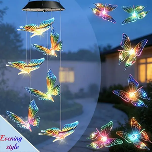 Greenlume Solar LED Color-Changing Butterfly Wind Chimes, Available In 1 / 2-pack, Auto On/off, IP44 Waterproof, Holiday Decorations For Halloween And Christmas, Ideal Gifts For Mother's Day And Close Friends, Suitable For Courtyards, Balconies And Garden
