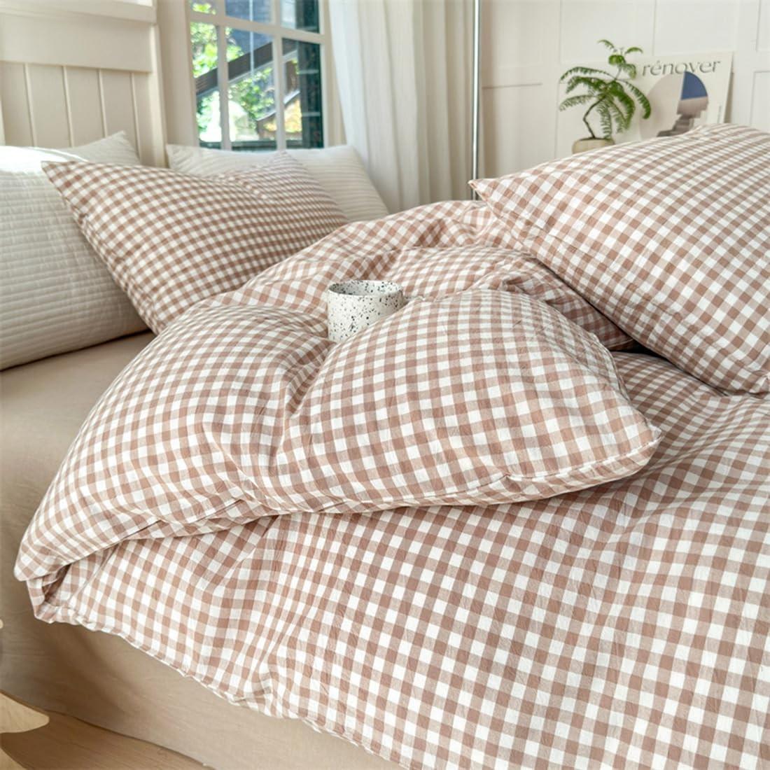 3-piece brown checkered printed bedspread set (1 bedspread + 2 pillowcases, without core), soft and comfortable Decorative bedding set, suitable for bedroom, dormitory, guest room home decoration