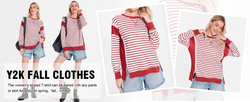 Imily Bela Womens Striped Oversize T-Shirt Casual Half Sleeve Color Block Tunic Summer Crew Neck Tee Tops