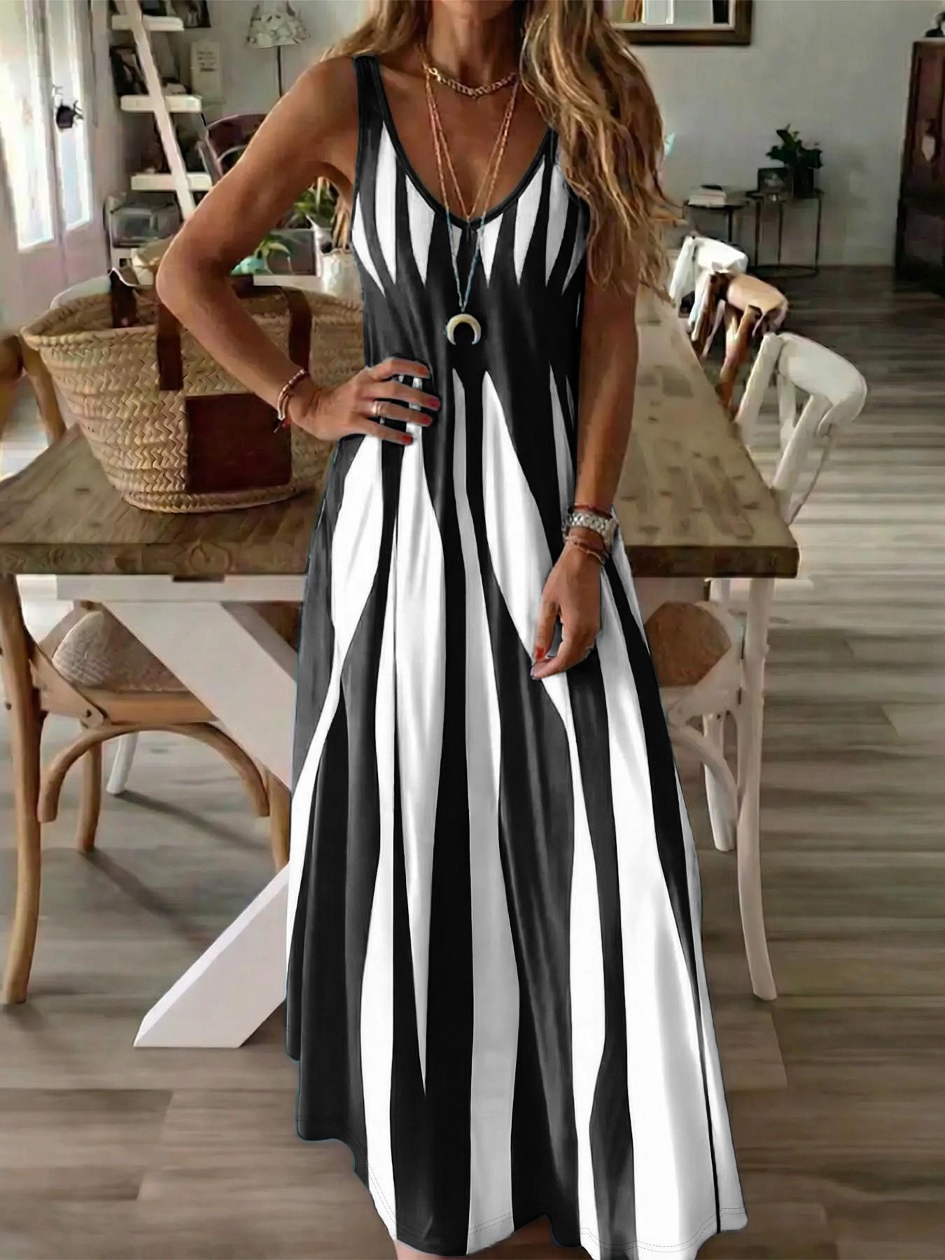 Women's Casual Boho Chic Slip Dress, Boho Style Dresses, Summer Dress, Color Block Print, V-Neck Sleeveless Long Dress, Boho Summer Clothes, Stylish and Comfortable for Daily Wear
