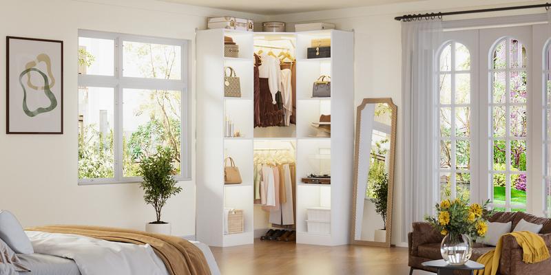 Corner Closet Organizer System, 12-Shelf Storage Unit with 2 Clothes Rods, 750 lb Capacity MDF Wood Cabinet, Space-Saving 90° Design for Bedroom/Laundry Room/Kitchen, Anti-Tip Safety Kits Included