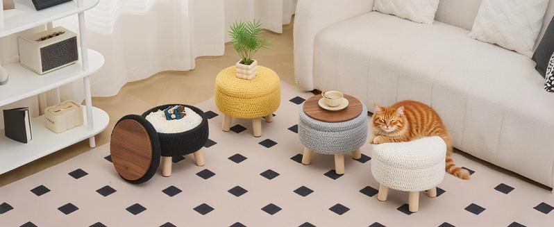Pouf Ottoman, 100% Cotton Knitted Boho Footstool, Round Footrest with Non-Skid Wood Legs, Home Décor Handmade Pouffe, Leisure Floor Step Stool for Living room