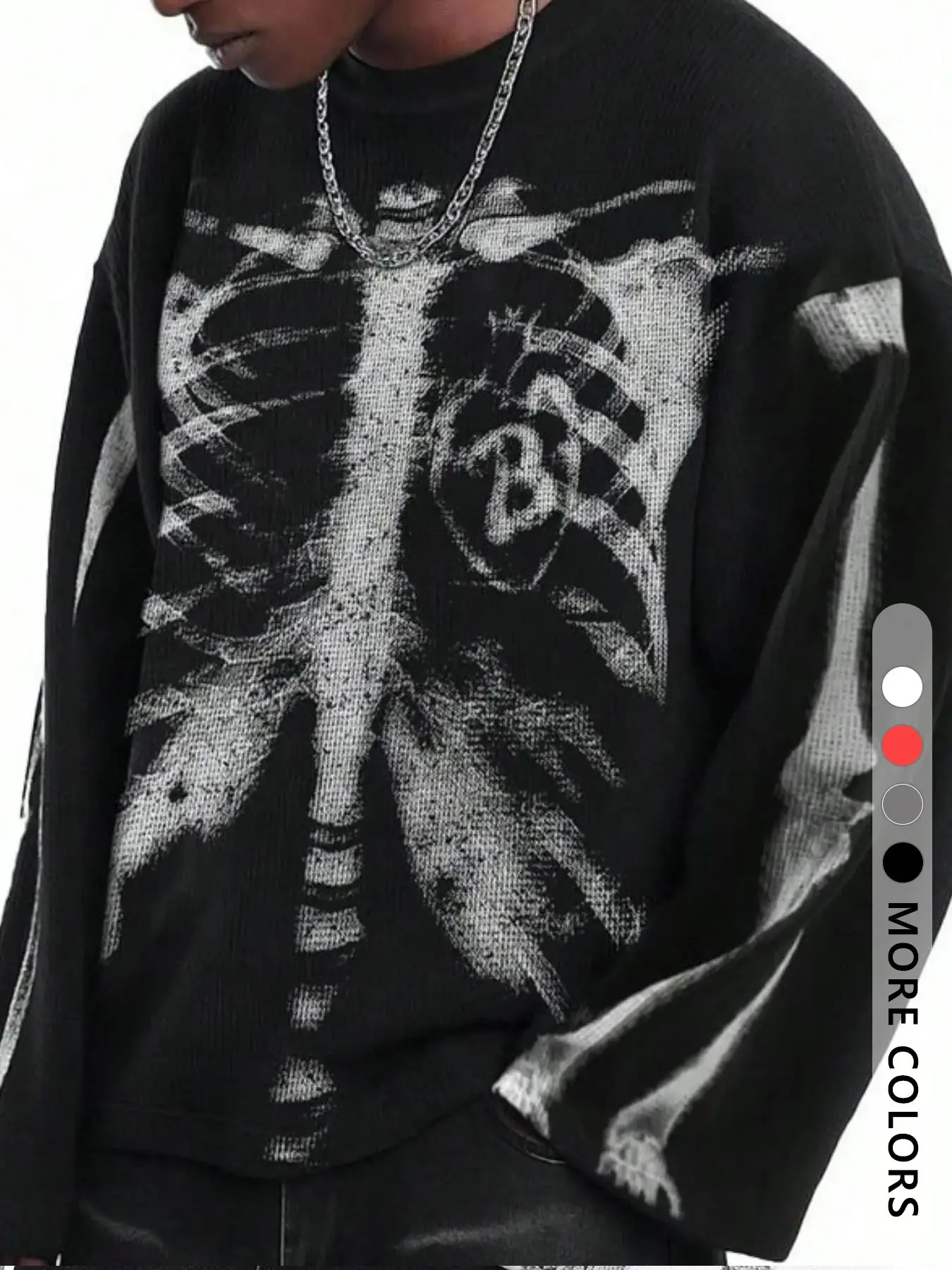 Unisex Long Sleeve Waffle Knit Sweater, Vintage Skeleton Ribcage Print, Gothic Loose Oversized Pullover For Streetwear Daily Party Outfit