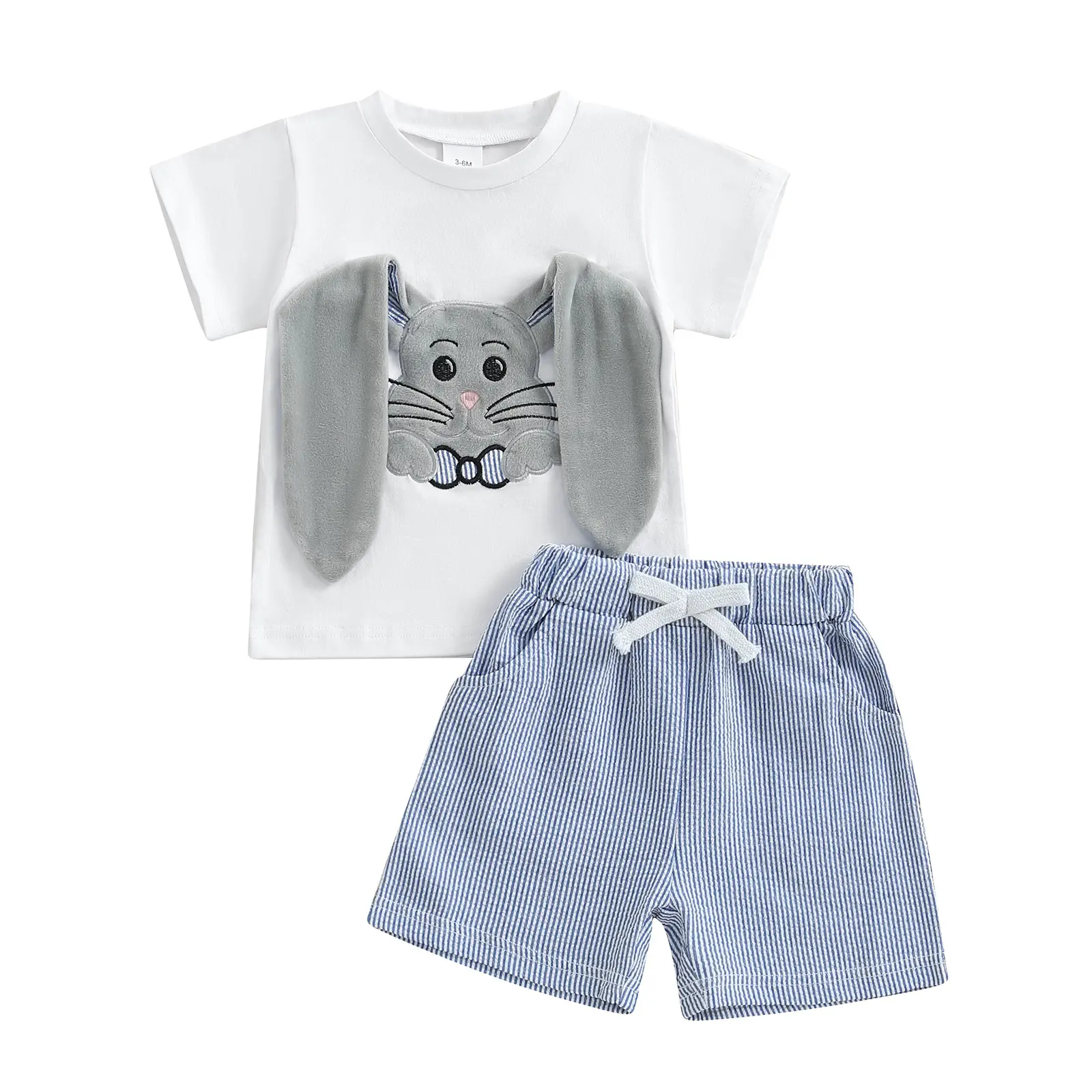 Baby Toddler Boy Shorts Set Bunny Embroidery Short Sleeve T-shirt Striped Shorts 2 Pcs Easter Outfit