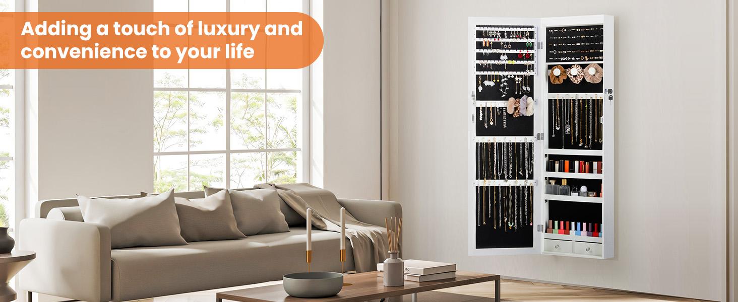 RIMIKING Jewelry Cabinet with Mirror, Dual Installation Options, Ample Storage, Convenience Features, Elegant Design,  Soft Velvet Lining, LED Lights, High Capacity Earring Storage, Dedicated Necklace Hooks, Ring Slots, Cosmetic Organizer