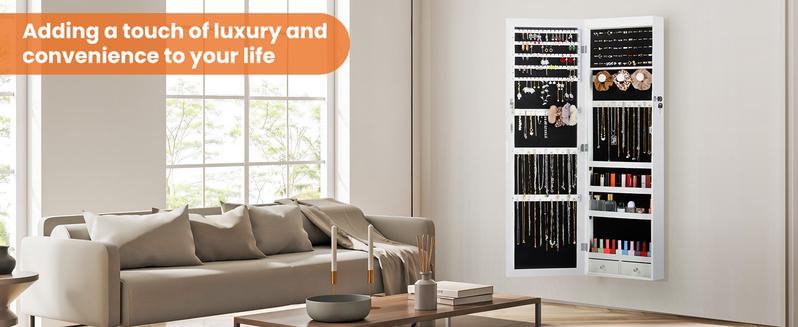 RIMIKING Jewelry Cabinet with Mirror, Dual Installation Options, Ample Storage, Convenience Features, Elegant Design,  Soft Velvet Lining, LED Lights, High Capacity Earring Storage, Dedicated Necklace Hooks, Ring Slots, Cosmetic Organizer