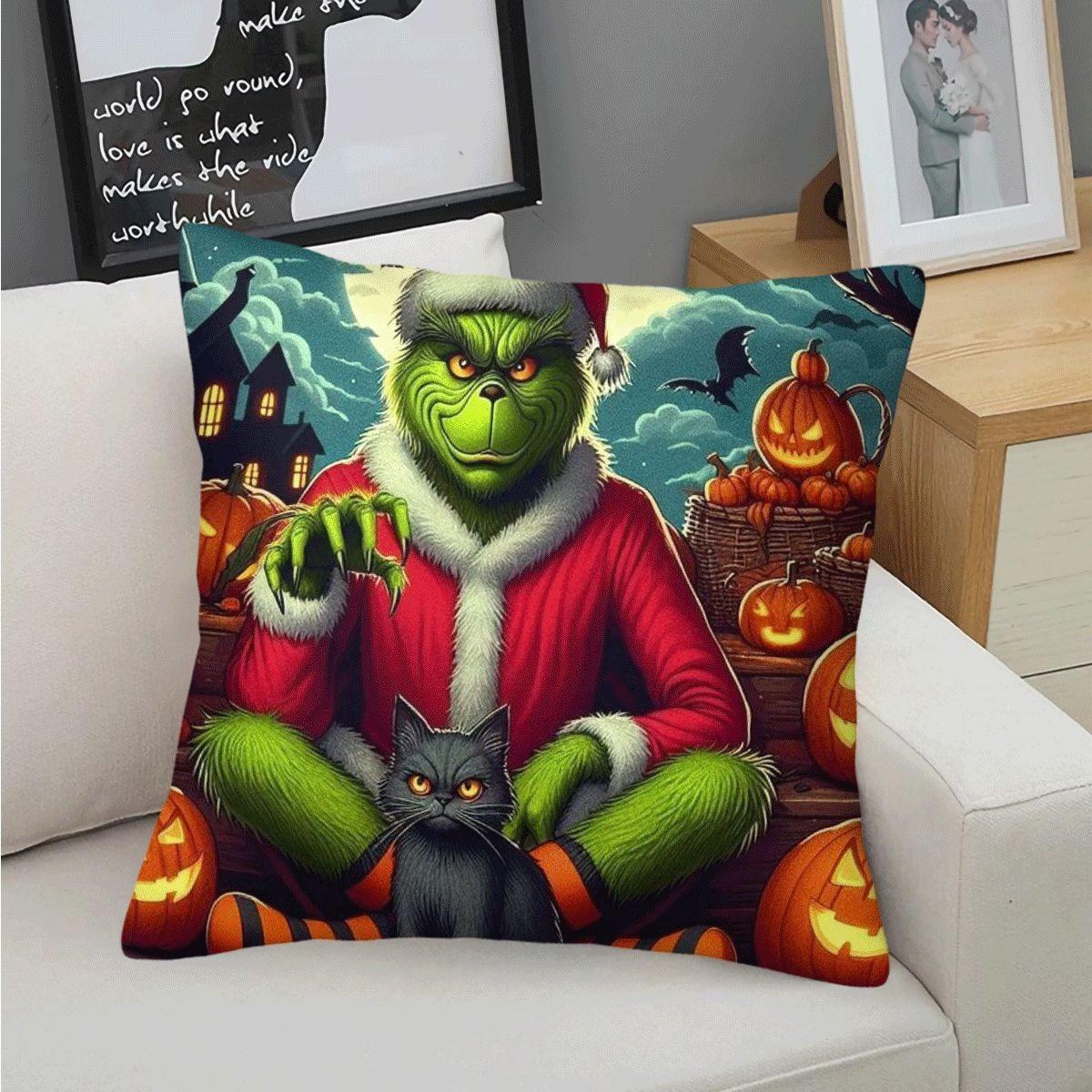45x45cm 1Pc, Grinch Themed Halloween Christmas Cushion Pillow, spooky jack-o'-lantern bat print, soft durable cozy, perfect for sofa, bed, living room bedroom decor, ideal small holiday home gift, includes pillow filling