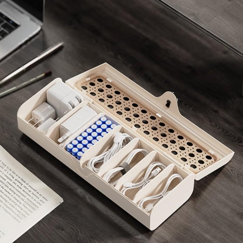 Vintage Woven Style Retro Flip-Top Storage Box, Adjustable Compartments, Data Cable Organizer, Desktop Wire Management, Universal Setting