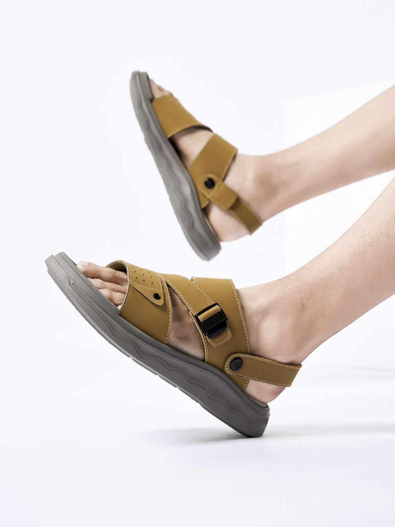 Men's Solid Color Dual-Wear Velcro Sandals Thick-Soled Breathable Beach Shoes Non-Slip Wear-Resistant Outdoor Water-Slippers