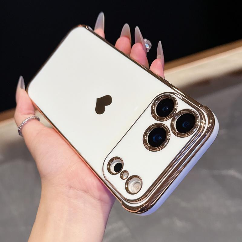 for iPhone 17 Pro Max 16 15 14 13 12 Phone Case, Luxury Cute Gold Love Heart for Women Side Small Pattern Luxury Plated Edge Camera Protection Soft Silicone Shockproof Bumper Cover