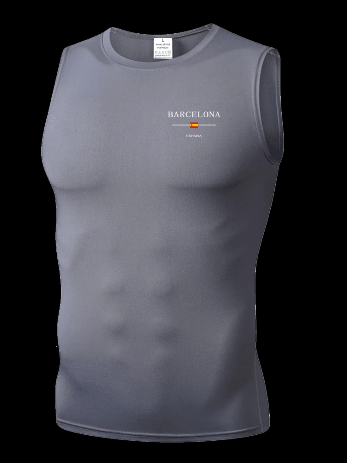 Men's Short Sleeve Sporty Top, Quick-Dry Breathable Slim Fit, Barcelona Print, Ideal for Gym, Running, Boxing, Outdoor Activities