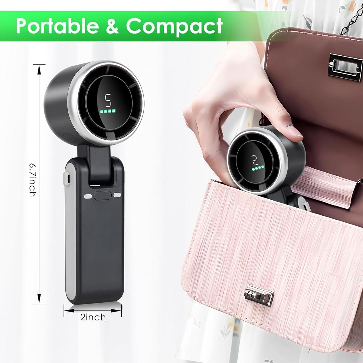 Portable Handheld Mini Turbo Fan USB Rechargeable Travel Neck Fan with 5 Speeds 3600mAh Battery & 15000 RPM Speed Up to 8 Working Hours 3 in 1 Foldable Personal Cooling Fan for Travel Home Black Pink